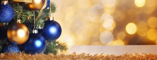 Christmas tree decorated with Golden and blue balls on a blurred, sparkling and fabulous fairy background with beautiful bokeh, copy space, banner format.