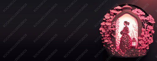 Woman in a Pink Floral Design. Elegant Paper Craft Banner with Lanterns and copy-space, to Celebrate International Woman's Day. Generative AI