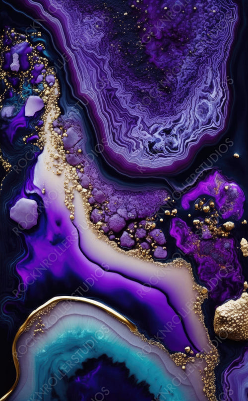 Flowing Abstract Marbling Background in Beautiful Purple and Black colors. Paint texture with Gold Powder. Generative AI.