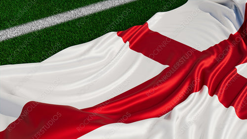 Flag of England on a Sports field. Grass Pitch with a English Flag. Euro 2020 Football Background.