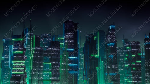 Cyberpunk Metropolis with Green and Blue Neon lights. Night scene with Futuristic Superstructures.