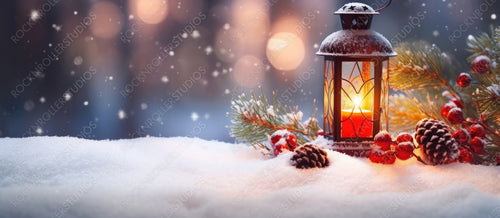 Christmas Lantern on Snow with Fir Branch in The Sunlight. Winter Decoration Background