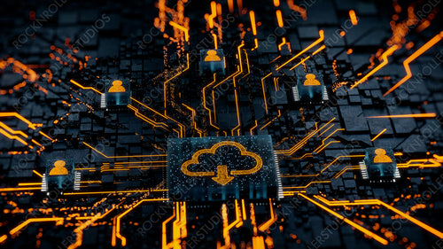 Data storage Technology Concept with cloud download symbol on a Microchip. Orange Neon Data flows between Users and the CPU across a Futuristic Motherboard. 3D render.
