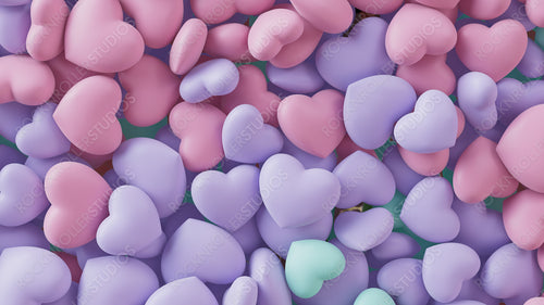 Multicolored Heart background. Valentine Wallpaper with Violet, Pink and Turquoise love hearts. 3D Render