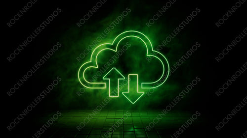 Green neon light cloud icon. Vibrant colored technology symbol, isolated on a black background. 3D Render