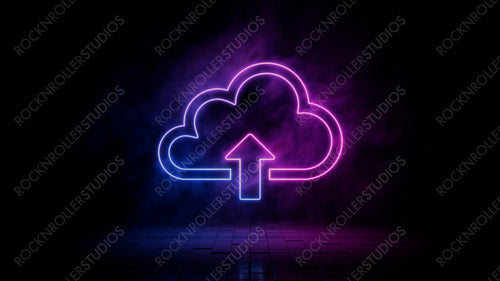 Pink and blue neon light cloud upload icon. Vibrant colored data storage technology symbol, isolated on a black background. 3D Render