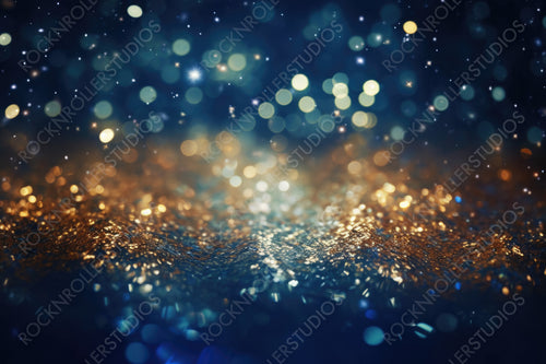 Background of Abstract Glitter Lights. Gold, Blue and Black. De Focused