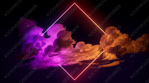 Pink and Yellow Neon Light with Cloud Formation. Diamond shaped Fluorescent Frame in Dark Environment.