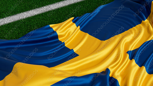 Flag of Sweden on a Sports field. Grass Pitch with a Swedish Flag. Euro 2020 Soccer Wallpaper.