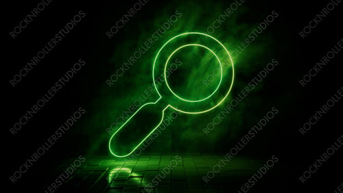 Green neon light search icon. Vibrant colored technology symbol, isolated on a black background. 3D Render