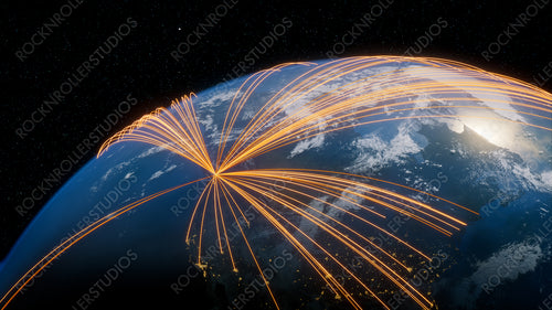 Earth in Space. Orange Lines connect Vancouver, Canada with Cities across the World. Worldwide Travel or Communication Concept.