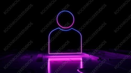 Pink and Blue Social Technology Concept with user symbol as a neon light. Vibrant colored icon, on a black background with high tech floor. 3D Render