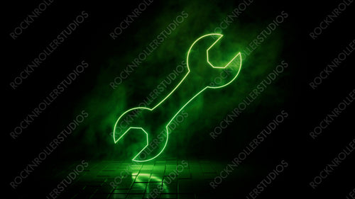Green neon light tool icon. Vibrant colored technology symbol, isolated on a black background. 3D Render