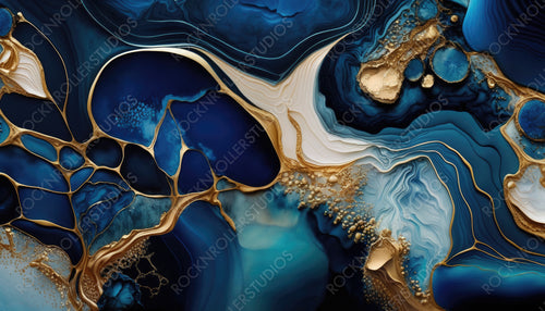Beautiful Navy Blue Paint Swirls with Gold Powder. Modern Acrylic Pour Wallpaper. Generative AI.
