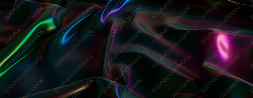 Black Surface with Iridescent Neon Accents. Smooth Texture Banner.