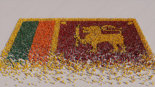 Aerial view of a Crowd of People, congregating to form the Flag of Sri Lanka. Sri Lankan Banner on White Background.