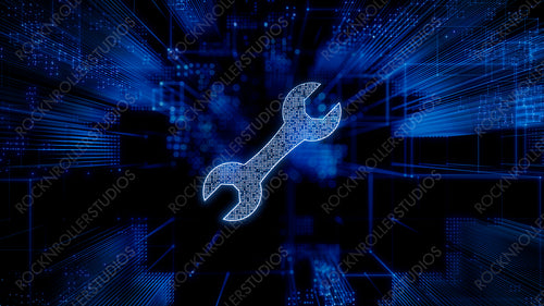 Configure Technology Concept with tool symbol against a Futuristic, Blue Digital Grid background. Network Tech Wallpaper. 3D Render