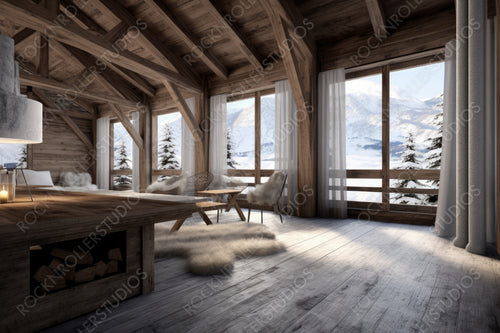 Rustic Interior Design Background. Stylish Ski Chalet. Generative AI.