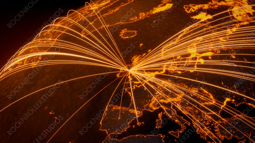 Futuristic Neon Map. Orange Lines connect Dublin, Ireland with Cities across the World. Global Travel or Networking Concept.
