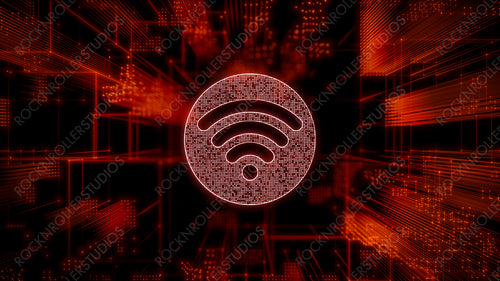 Wireless Technology Concept with wifi symbol against a Futuristic, Orange Digital Grid background. Network Tech Wallpaper. 3D Render