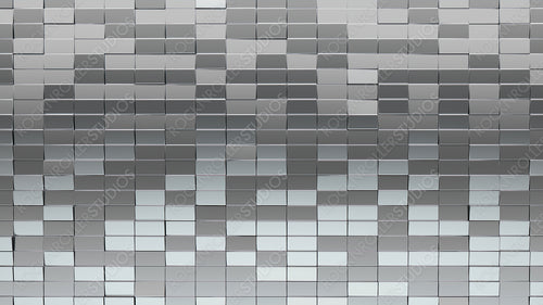 Glossy, Rectangular Mosaic Tiles arranged in the shape of a wall. 3D, Silver, Blocks stacked to create a Luxurious block background. 3D Render