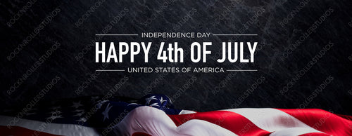 American Flag Banner with Independence Day Caption on Black Rock. Premium Holiday Background.