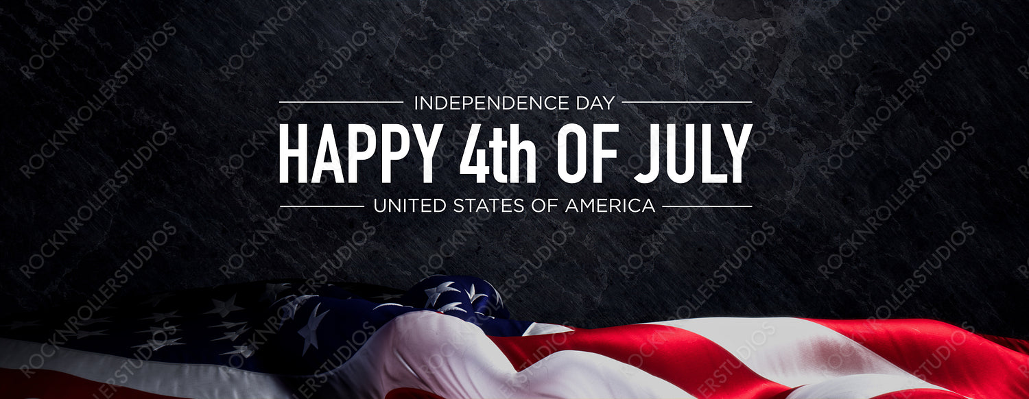 American Flag Banner with Independence Day Caption on Black Rock. Premium Holiday Background.