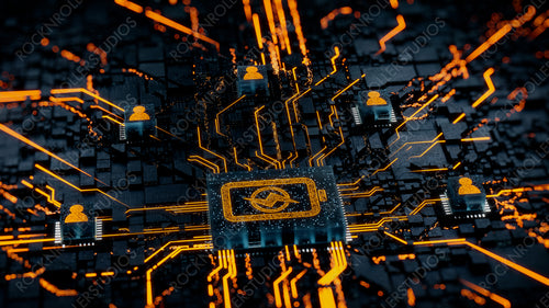 Energy Technology Concept with battery symbol on a Microchip. Orange Neon Data flows between Users and the Battery across a Futuristic Motherboard. 3D render.