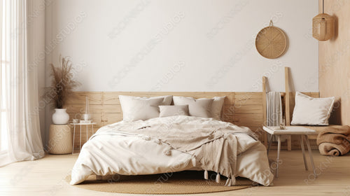 Boho Interior Design Background. Contemporary Bedroom. Generative AI.