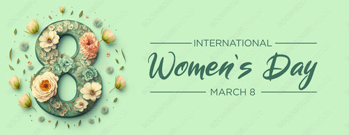 Lovely Botanical Banner to Celebrate International Woman's Day. Green Floral Design with Number 8, Flowers and Caption. Generative AI.