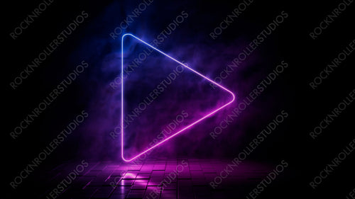 Pink and blue neon light play icon. Vibrant colored media technology symbol, isolated on a black background. 3D Render