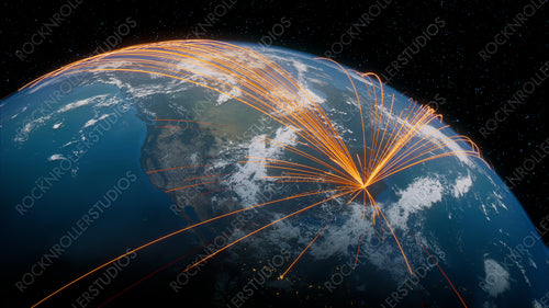 Earth in Space. Orange Lines connect Charlotte, USA with Cities across the World. International Travel or Networking Concept.