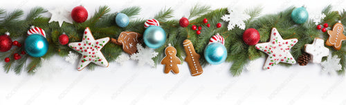 Festive Christmas border - green fir branches decorated with ginger Christmas glazed cookies in form of stars, with red berries, banner format, isolated on white.