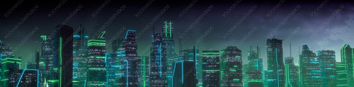 Futuristic Cityscape with Green and Blue Neon lights. Night scene with Futuristic Architecture.