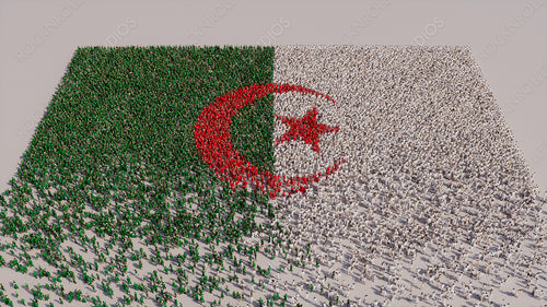 Aerial view of a Crowd of People, congregating to form the Flag of Algeria. Algerian Banner on White Background.