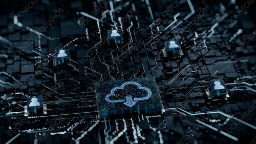 Data storage Technology Concept with cloud download symbol on a Microchip. White Neon Data flows between Users and the CPU across a Futuristic Motherboard. 3D render.