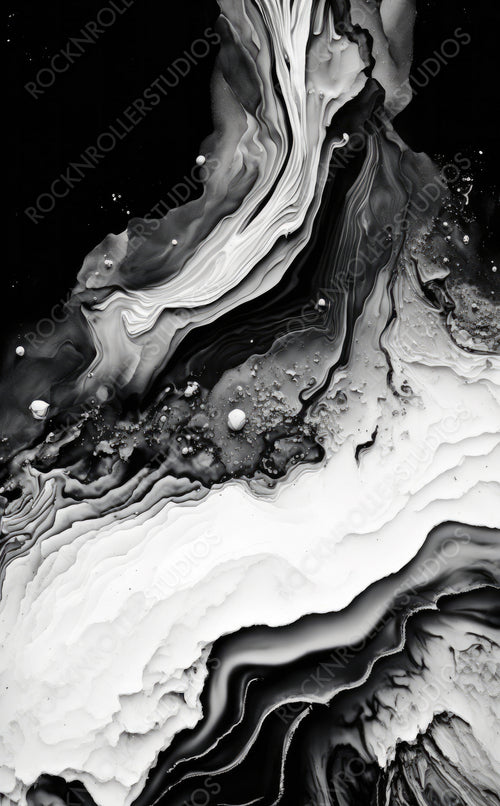 Beautiful Black and White Liquid Swirls with White Particles. Contemporary Art Wallpaper. Generative AI.