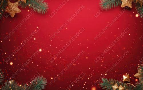 Christmas Background with Xmas Tree branches and Sparkle Bokeh Lights on Red Canvas Background. Merry Christmas Card. Winter Holiday Theme. Happy New Year. Space For Text