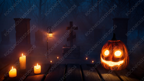 Halloween Scene with Haunted Moonlit Tombstones and Pumpkin Lantern.