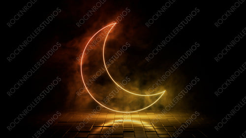 Orange and yellow neon light moon icon. Vibrant colored technology symbol, isolated on a black background. 3D Render