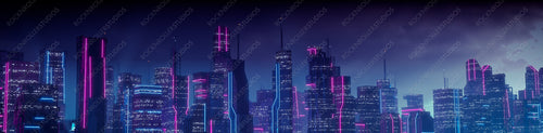 Futuristic Metropolis with Blue and Pink Neon lights. Night scene with Advanced Superstructures.