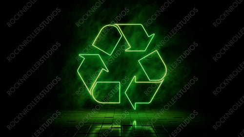Green neon light recycle icon. Vibrant colored technology symbol, isolated on a black background. 3D Render