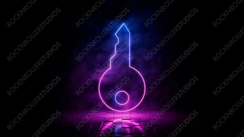 Pink and blue neon light key icon. Vibrant colored security technology symbol, isolated on a black background. 3D Render