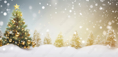 Beautiful Festive Christmas light snowy background. Christmas tree decorated with gold balls in forest in snowdrift with beautiful christmas lights outdoors, banner format.