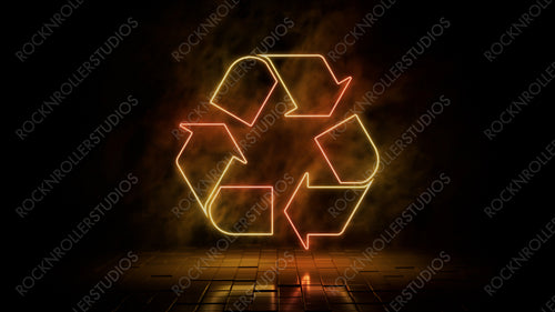 Orange and yellow neon light recycle icon. Vibrant colored technology symbol, isolated on a black background. 3D Render