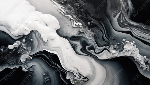 Beautiful Black and White Paint Swirls with White Particles. Elegant Acrylic Pour Wallpaper. Generative AI.