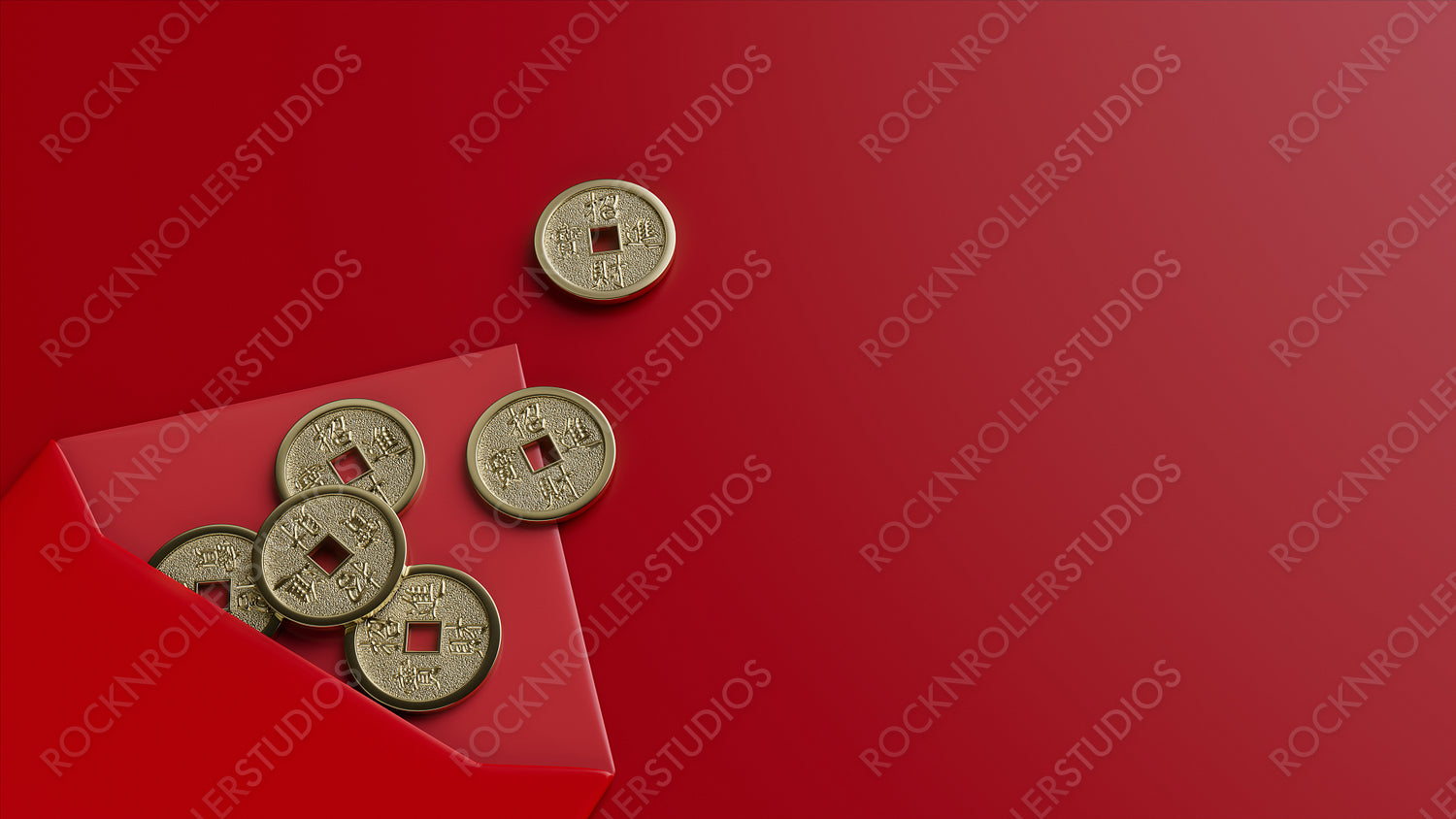 Gold coins and Red Envelope. Chinese New Year Concept with Copy Space.