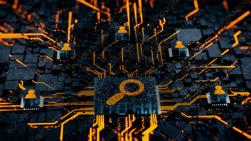 Search Technology Concept with Magnifier symbol on a Microchip. Orange Neon Data flows between Users and the CPU across a Futuristic Motherboard. 3D render.