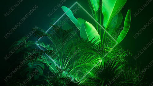 Tropical Plants Illuminated with Green and Blue Fluorescent Light. Rainforest Environment with Diamond shaped Neon Frame.