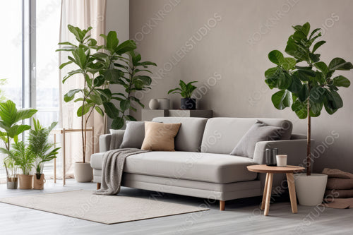 Stylish Interior Design Background. Minimal Living Room. Generative AI.